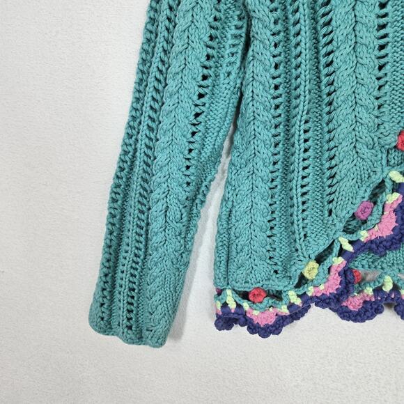 VTG Relativity Cardigan Sweater sz L* Teal Tie Front Cotton Boho Cottagecore - Picture 4 of 16